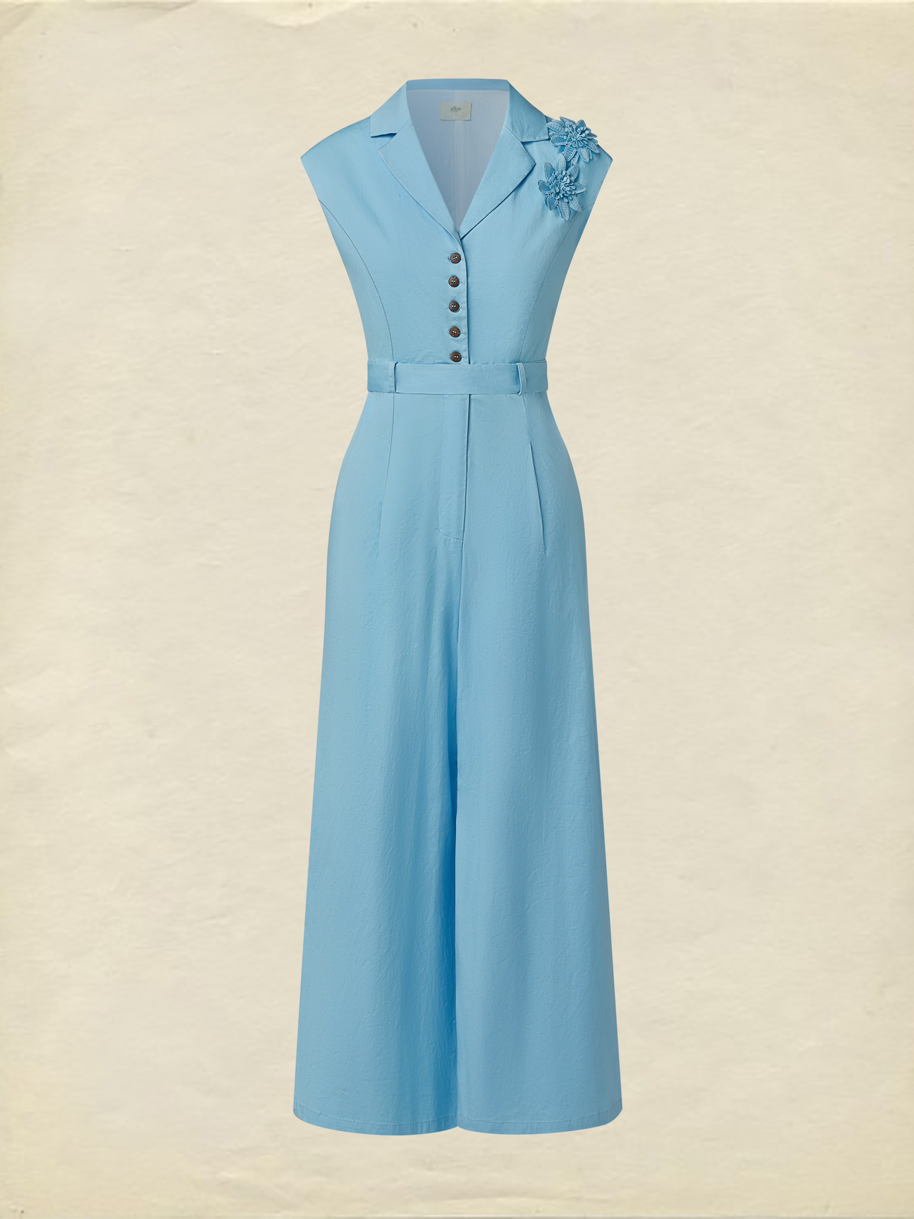 Cotton Jumpsuit , Cap Sleeves, V Neck, Plain, 3D Floral, French Vintage, Blue