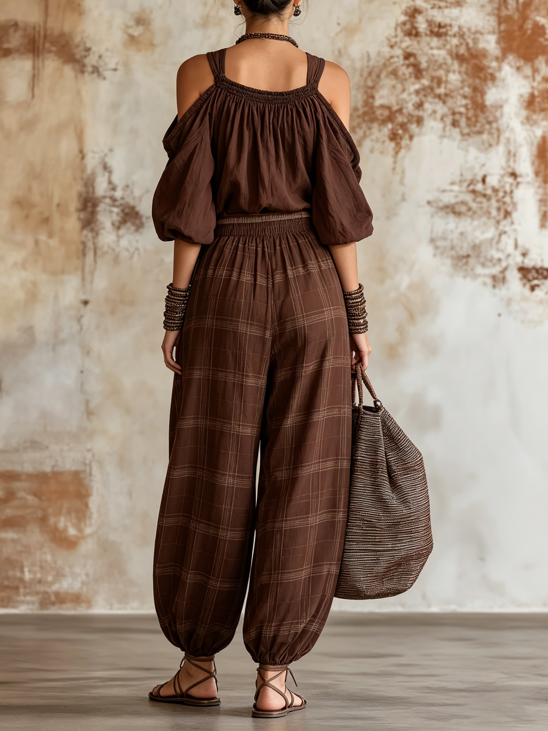 Chocolate Brown Plaid Cold-Shoulder Top & Harem Pants Loungewear Set