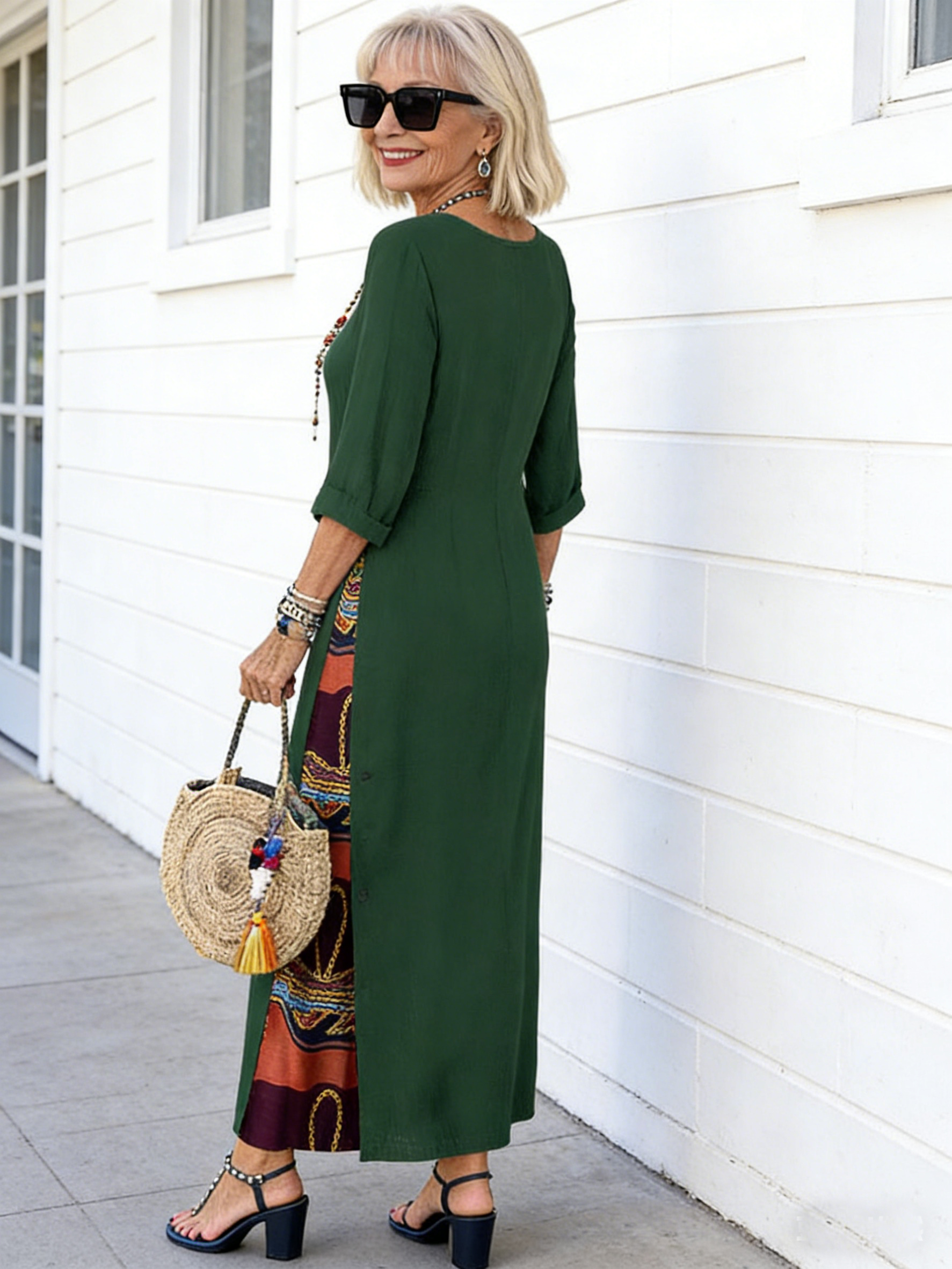 Floral round Neck Contrast Color Button Stitching 3/4 Sleeve Dress