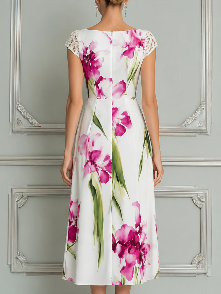Elegant Floral Lace Sleeve Midi Dress