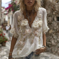 Ladies' Rose Embroidery Art Vintage V-neck Cotton And Linen Top