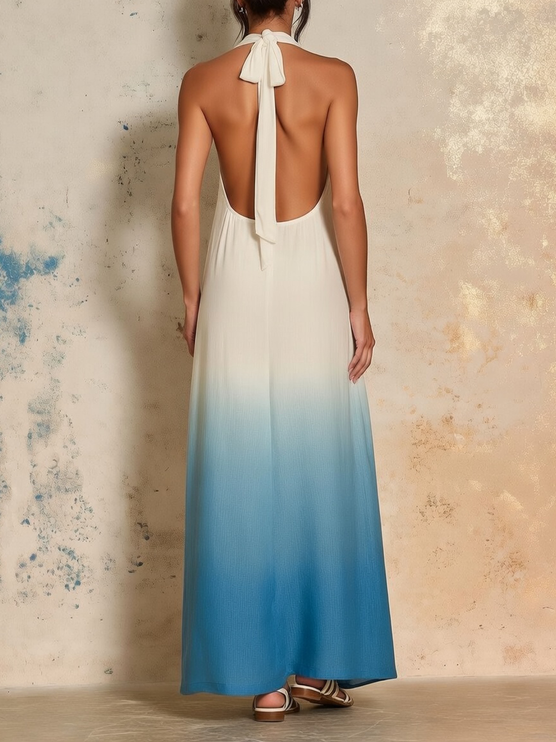 White To Sky Blue Ombre Halter Neck Maxi Dress