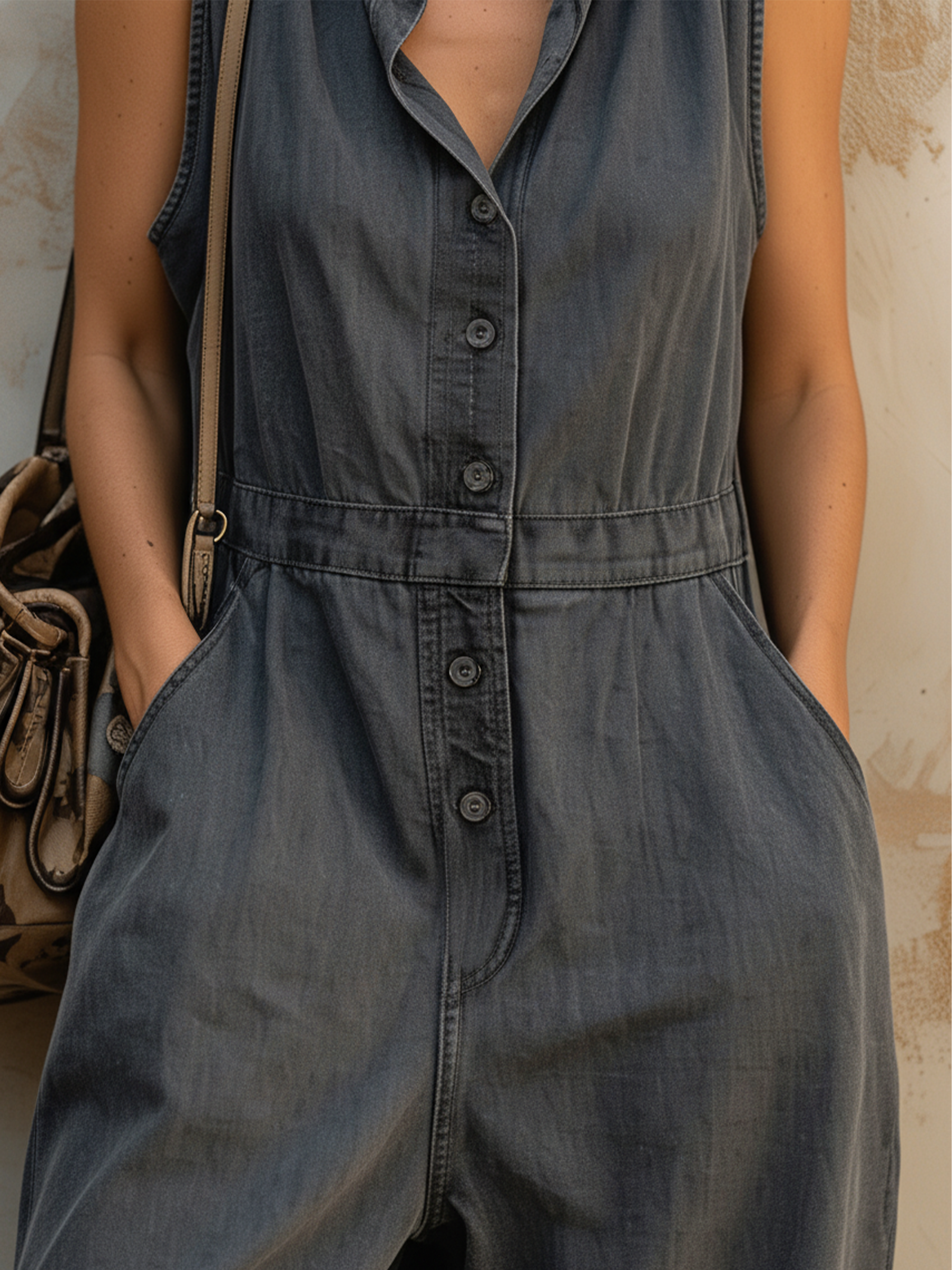 Dark Wash Denim Sleeveless Utility Jumpsuit With Collared Neck