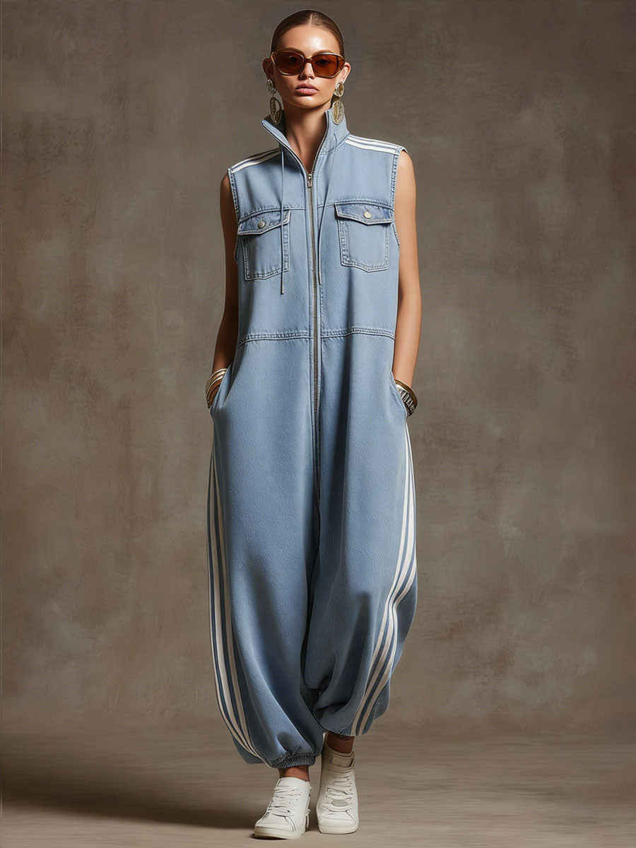 Casual Retro White Ribbon Light Blue Denim Sleeveless Jumpsuit