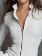 Zip-Front Fitted Blouse With Lace-Trimmed Ruffle Collar And Bell Cuffs