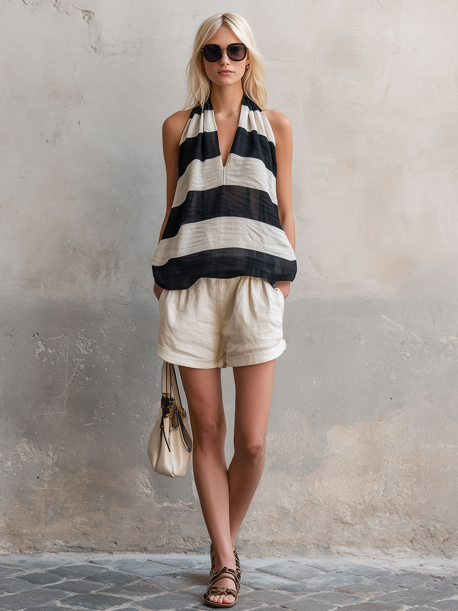 Casual Retro Striped Sleeveless Chiffon Blouse And White Cotton Linen Shorts Set