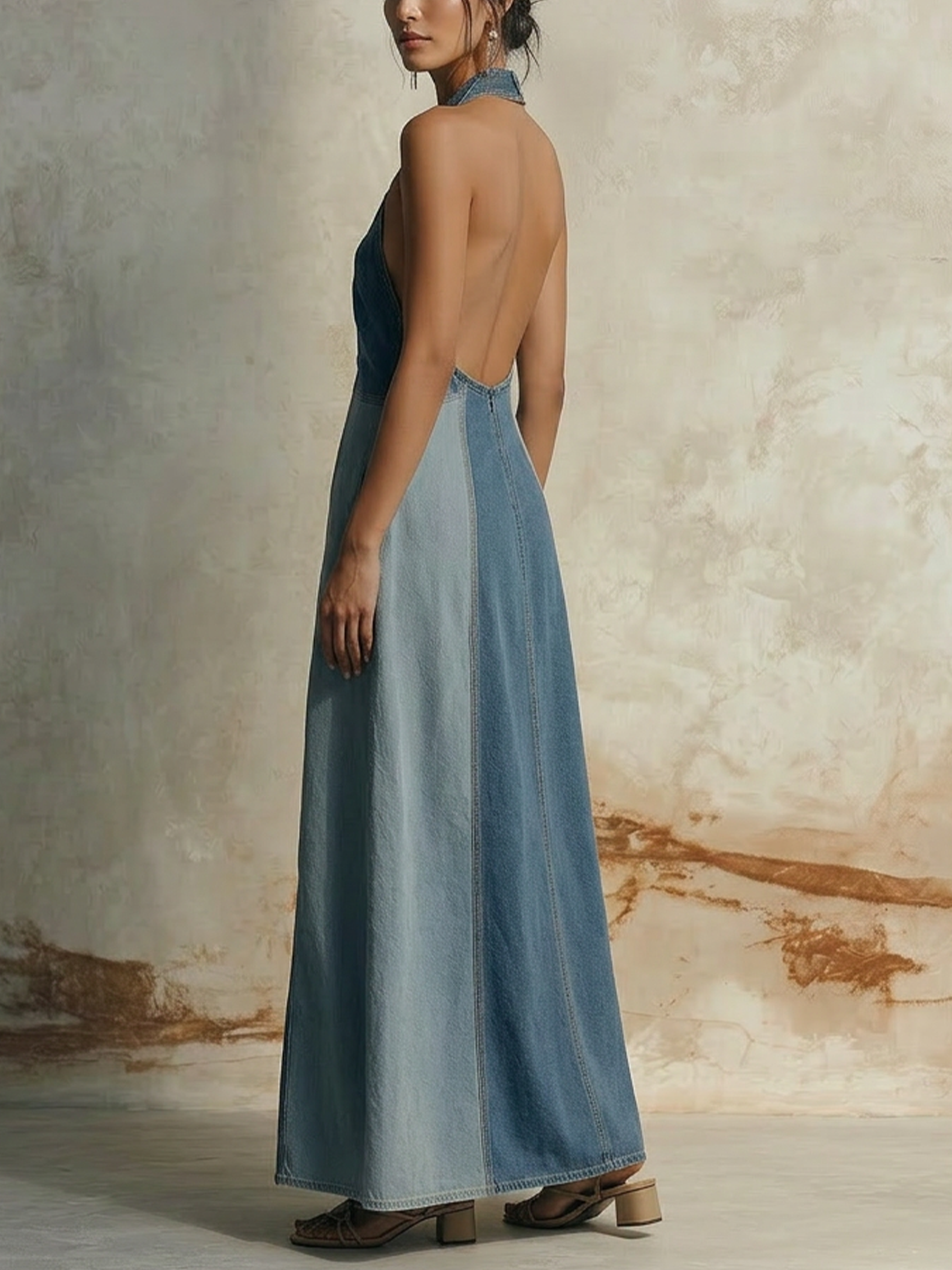 Blue Denim Halter Neck Cutout Color Block Maxi Dress