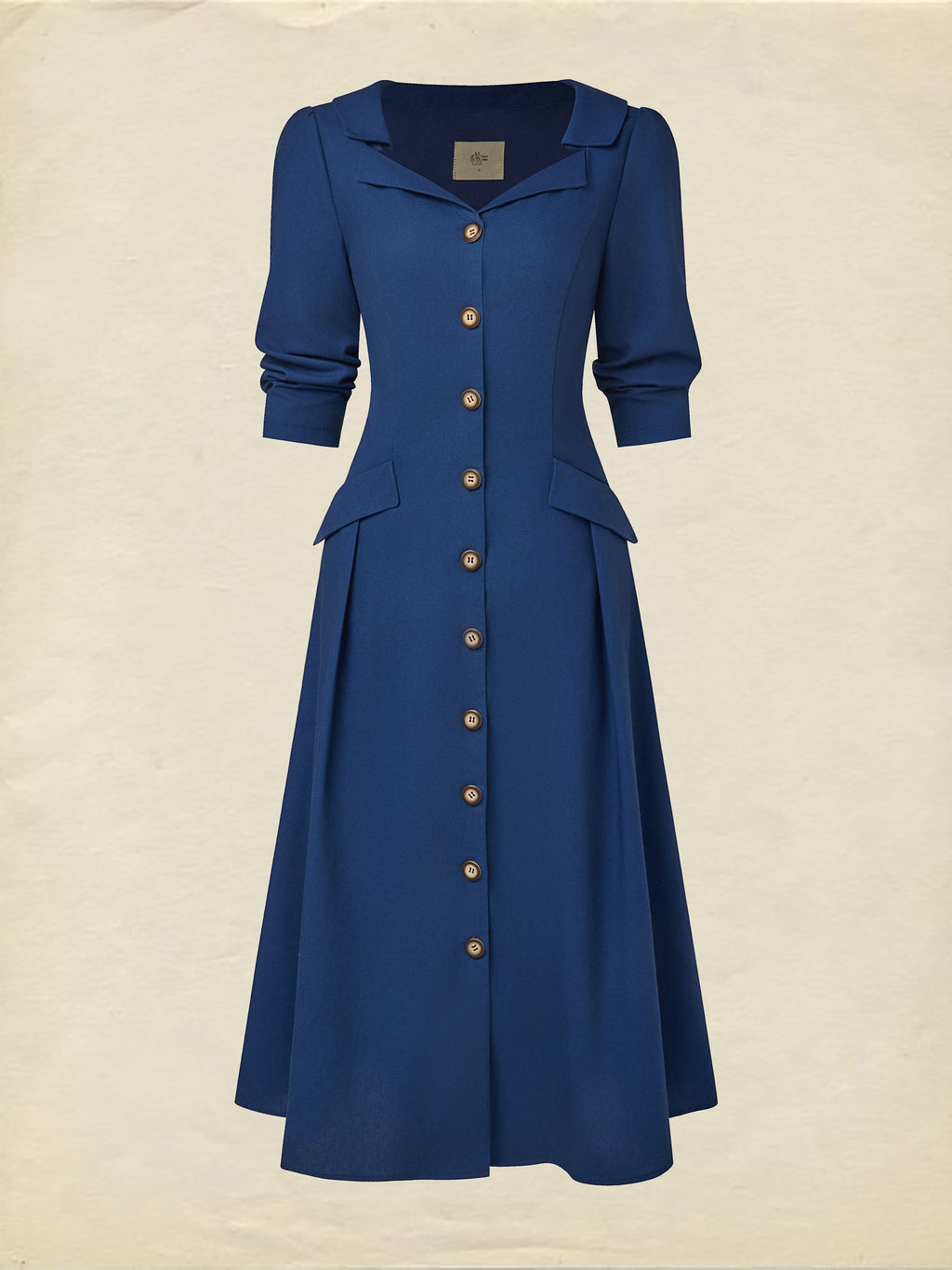 Midi Linen Dress, Half Sleeve, Shawl Collar, Plain, Button Design, Vintage, Dark Blue