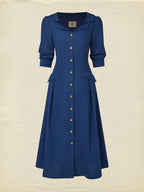 Midi Linen Dress, Half Sleeve, Shawl Collar, Plain, Button Design, Vintage, Dark Blue