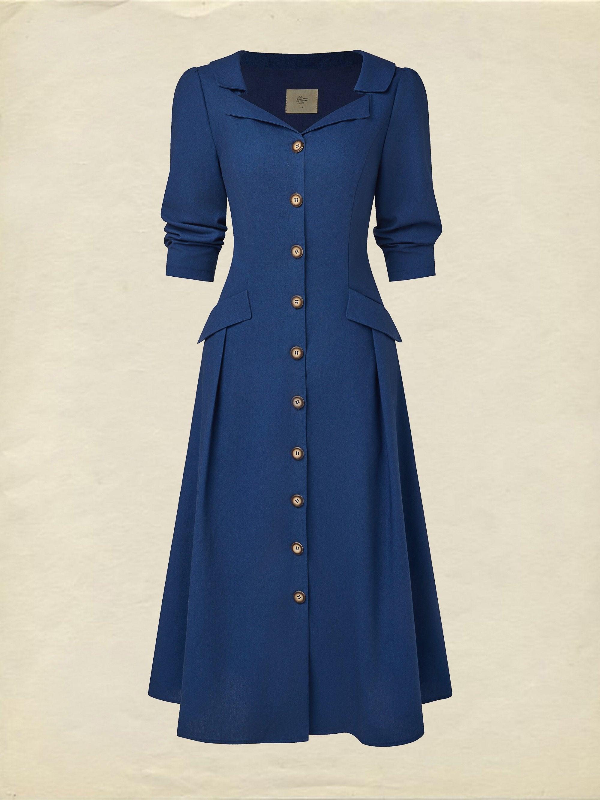 Midi Linen Dress, Half Sleeve, Shawl Collar, Plain, Button Design, Vintage, Dark Blue