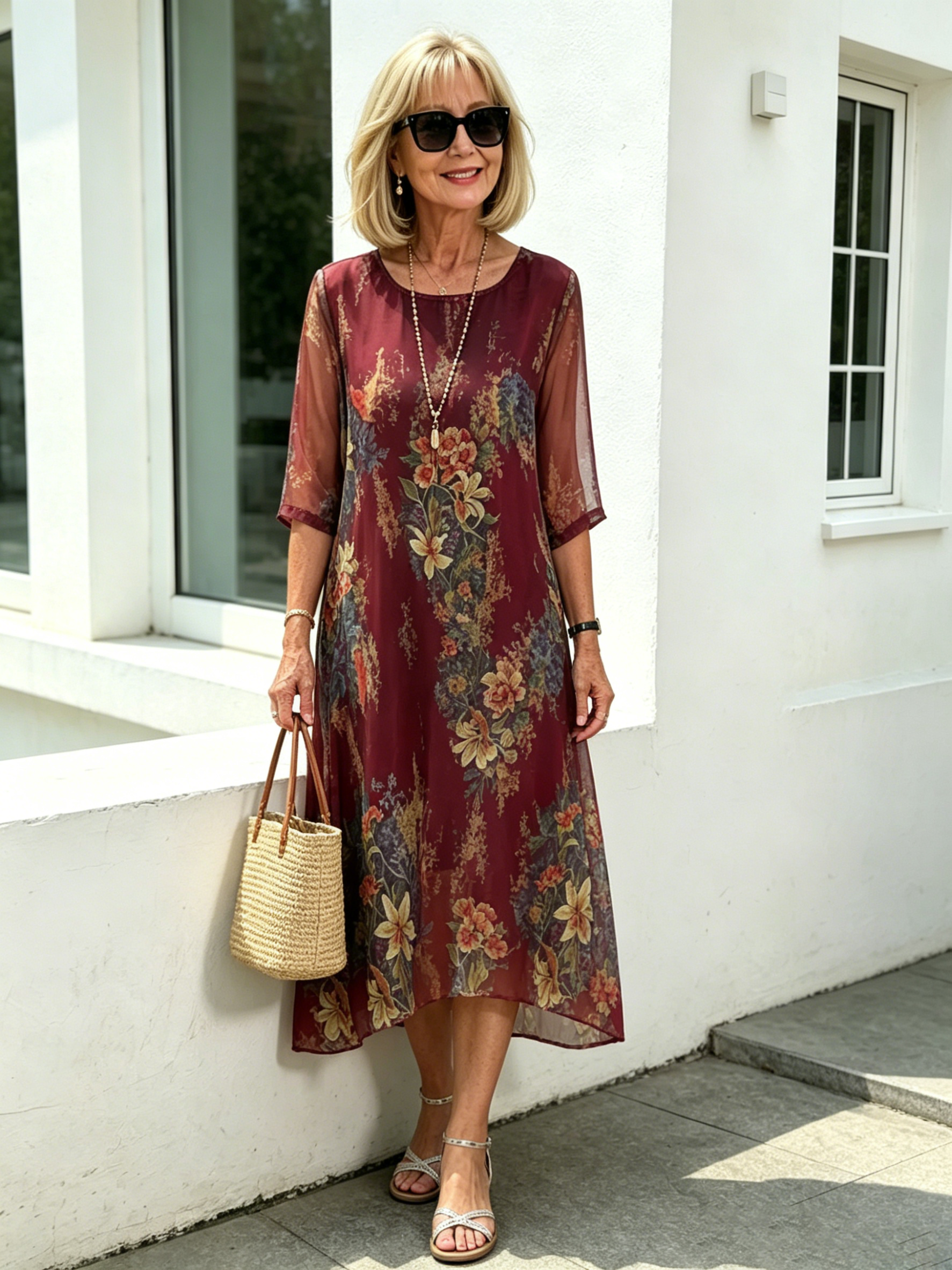 Black Floral Chiffon Midi Dress, Loose Tummy Hiding 3/4 Sleeve Printed Dress for Mature Women