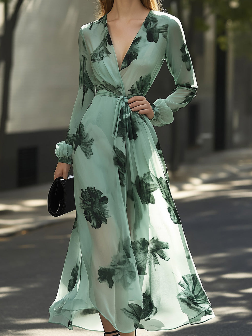 Elegant Mint Green Chiffon Floral Print Dress