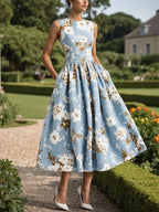 (SIZE:XS-XXL) Midi Linen Dress, Sleeveless, Round Neck, Floral, Pocket Design, Vintage, Blue