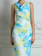 Draped Cowl Neck Printed Maxi Dress