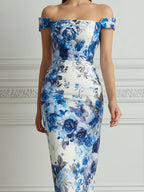 Elegant Blue Watercolor Floral Print Midi Dress