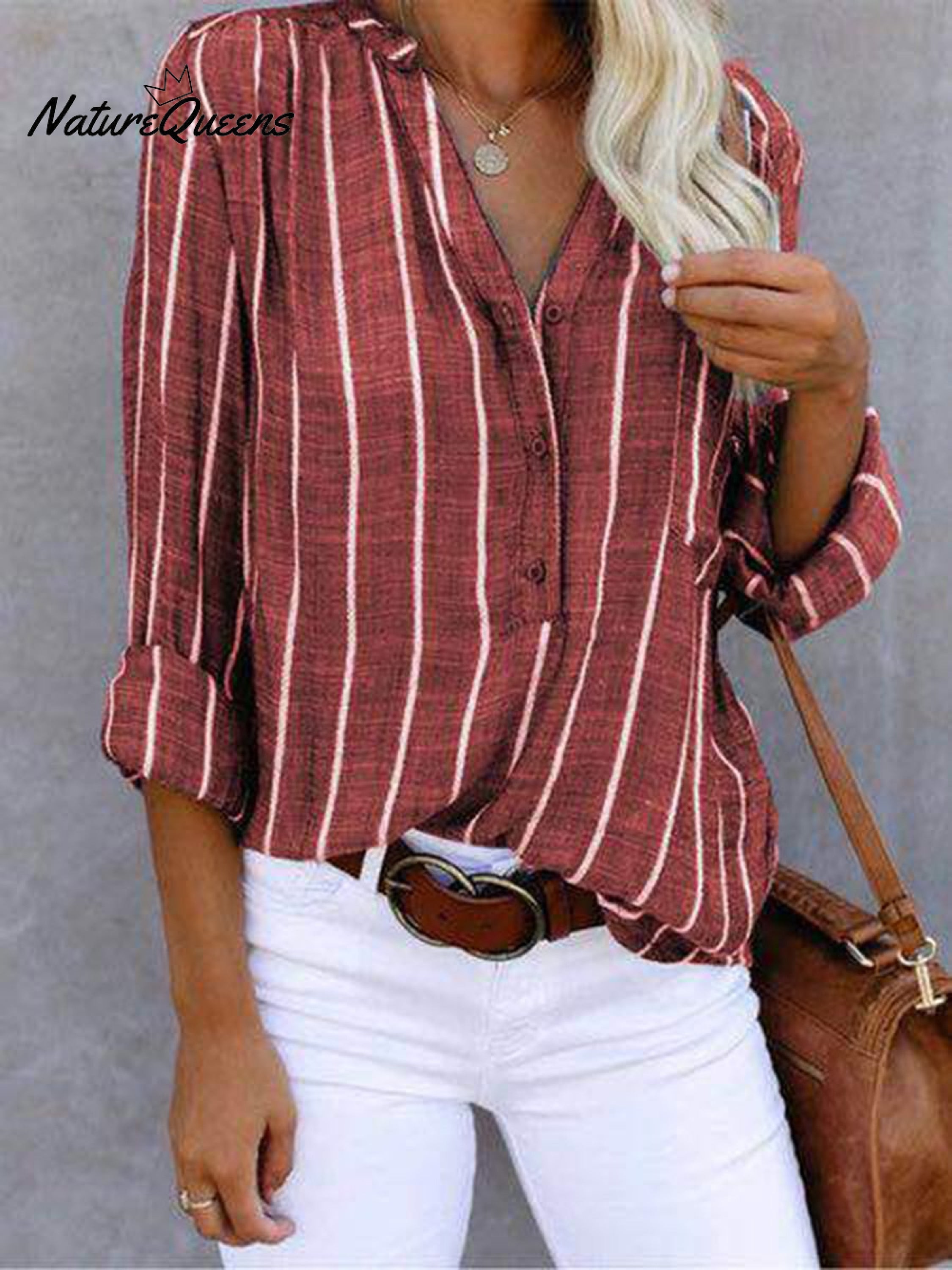 Women‘s Long Sleeve Blouse Ladies Fashion V-Neck Stripe Shirt