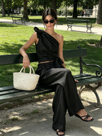 Black Linen-Blend One-Shoulder Bow Top & Wide-Leg Pants Two-Piece Set