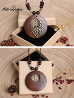 Vintage Alloy Leaf Wooden Pandent Necklace