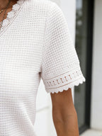 Textured Fabric V-Neck Casual Waffle Grace Lace Stitching Short Sleeve Top T
