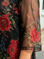Black Floral Chiffon Midi Dress, Loose Tummy Hiding 3/4 Sleeve Printed Dress for Mature Women