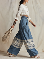 Blue Boho Linen Harem Pants with Crochet Lace Trim | Relaxed Fit Casual Trousers