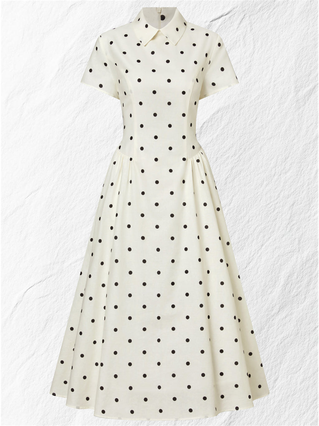 Maxi Linen Dress, Short Sleeves, Shawl Collar, Polka Dots, French Vintage, Off White