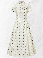 Maxi Linen Dress, Short Sleeves, Shawl Collar, Polka Dots, French Vintage, Off White