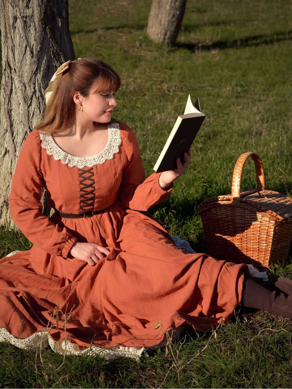 Maxi Cotton Dress, Long Sleeves, Square Neck,  Princess Line, Linen Blend, Orange