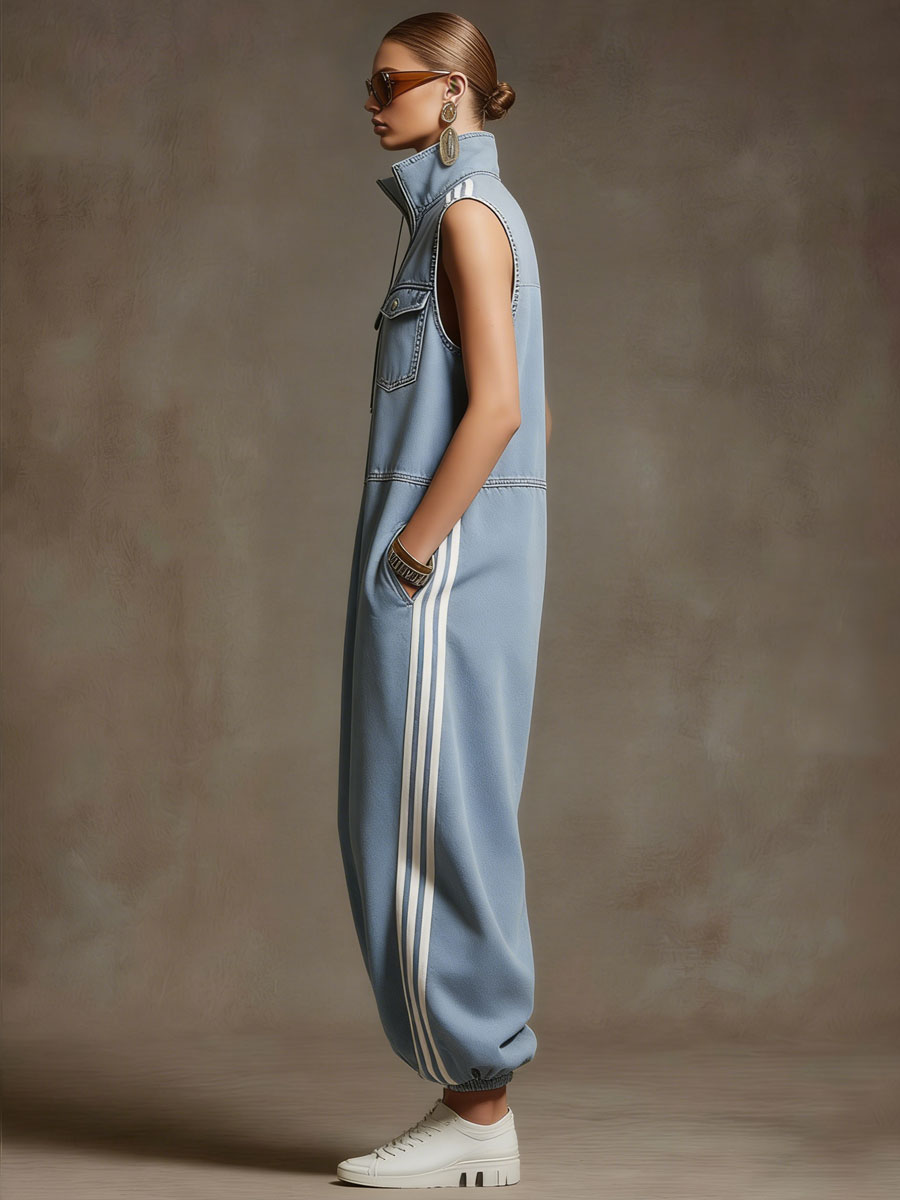 Casual Retro White Ribbon Light Blue Denim Sleeveless Jumpsuit