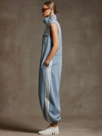 Casual Retro White Ribbon Light Blue Denim Sleeveless Jumpsuit