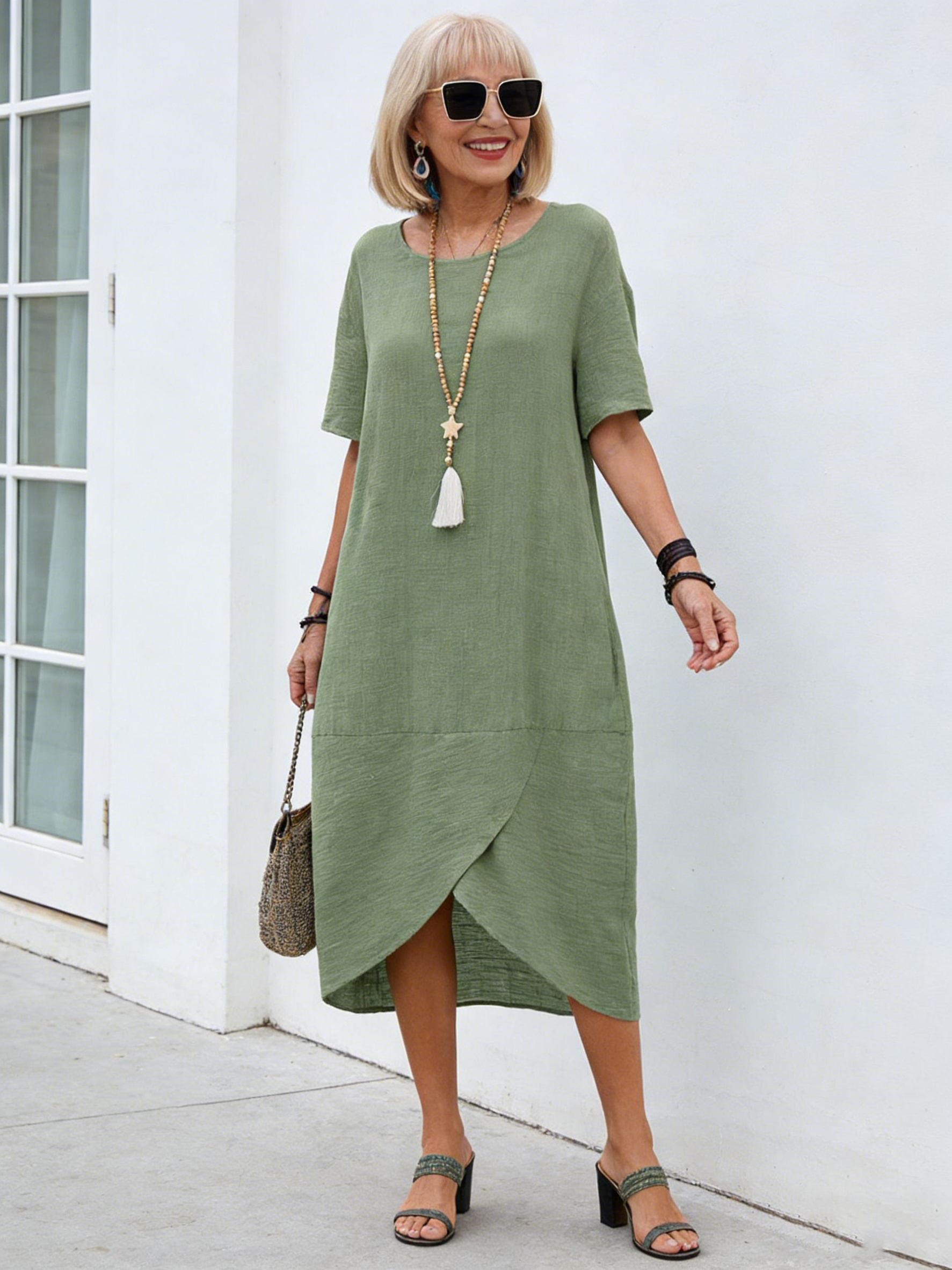 Solid Color Cotton and Linen Retro Round Neck Short Sleeves Mid-Length Dress Women