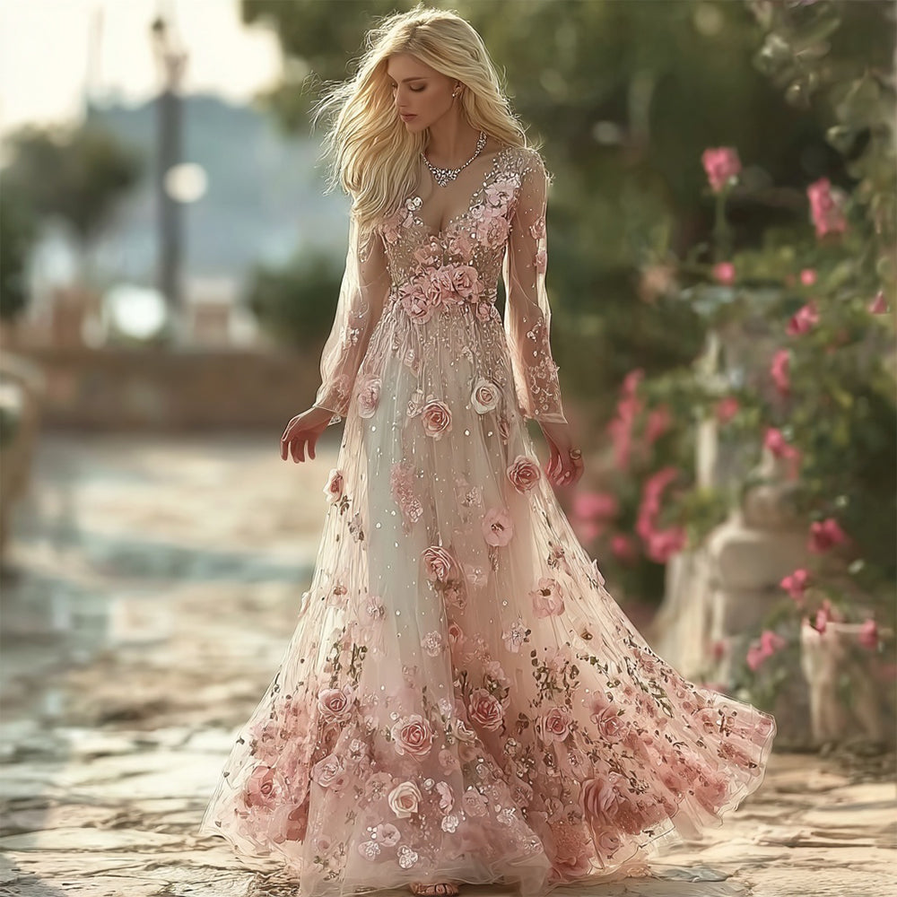 Boho Pink Roses Embroidered Long Sleeve Flowy Maxi Dress