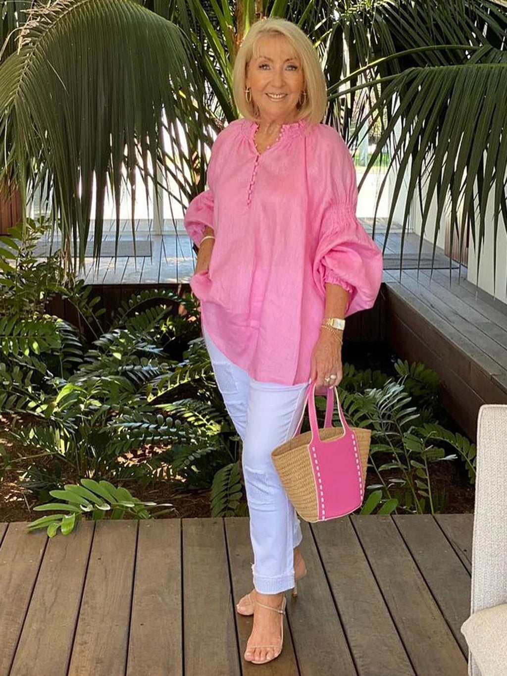 Casual V-neck Solid Color Cotton and Linen Long-sleeved Top