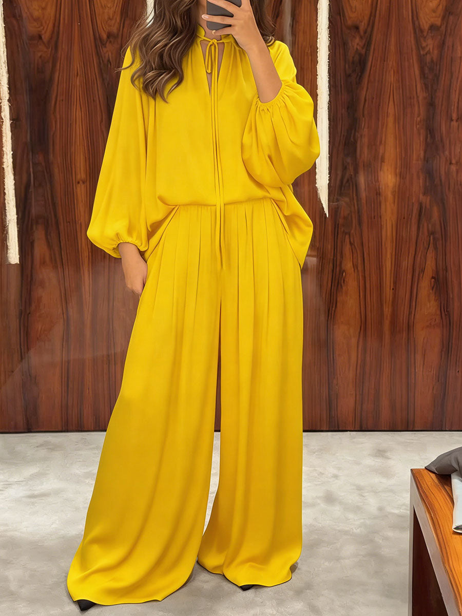 Women's Solid-color Satin Two-piece Set: V-neck Long-sleeve Loose-fit Top & Elastic-waist Wide-leg Pants