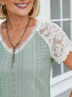Textured Fabric New V-neck Lace Splicing Loose Casual Hole T-shirt