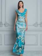 Draped Cowl Neck Floral Bodycon Maxi Dress