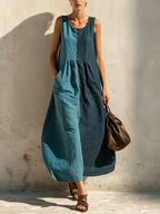 Teal Color Block Sleeveless Linen-Blend Maxi Dress