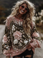Women's Vintage Romantic White Rose Embroidery Art Long Sleeve Round-neck Sweater