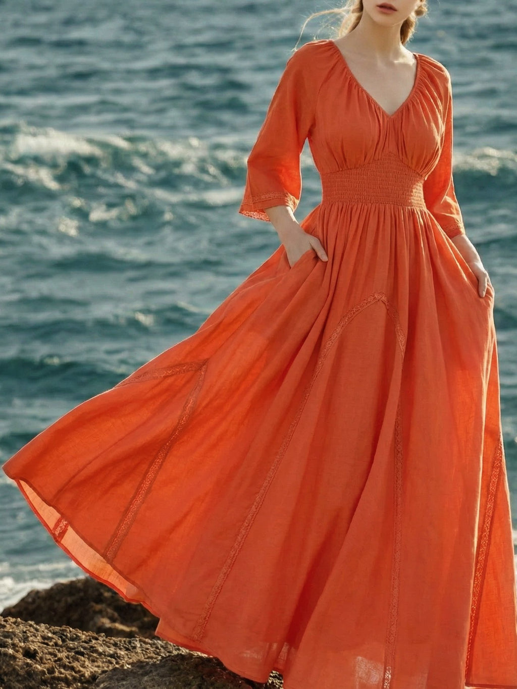 Maxi Cotton Dress, Half Sleeve, V Neck, Plain, Lace, Vacation, Vintage, Light Orange