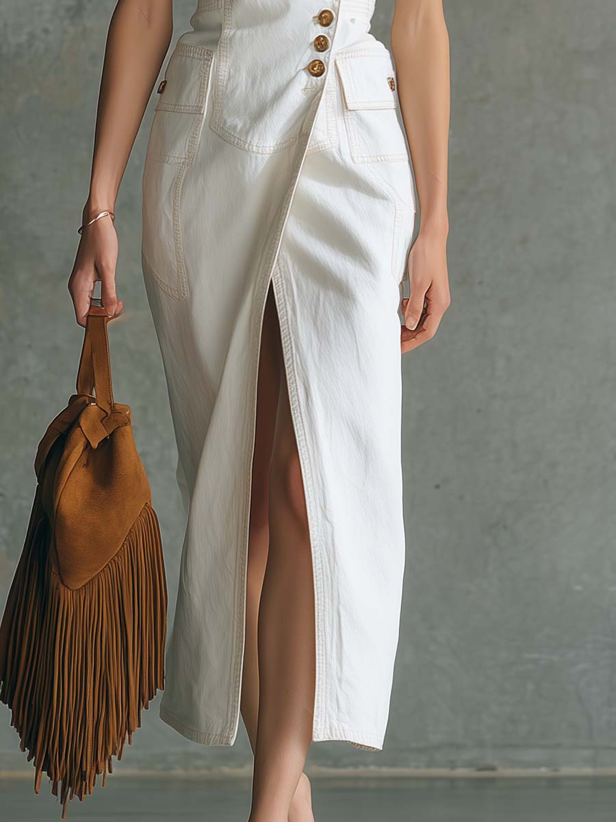 Retro Western Lapel Collar Asymmetrical Placket Front Buttons White Denim Slit Midi Dress