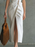Retro Western Lapel Collar Asymmetrical Placket Front Buttons White Denim Slit Midi Dress