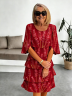 Lavender Chiffon Vacation Prints Color Round Neck Cake Skirt Splicing Dress Mid-length