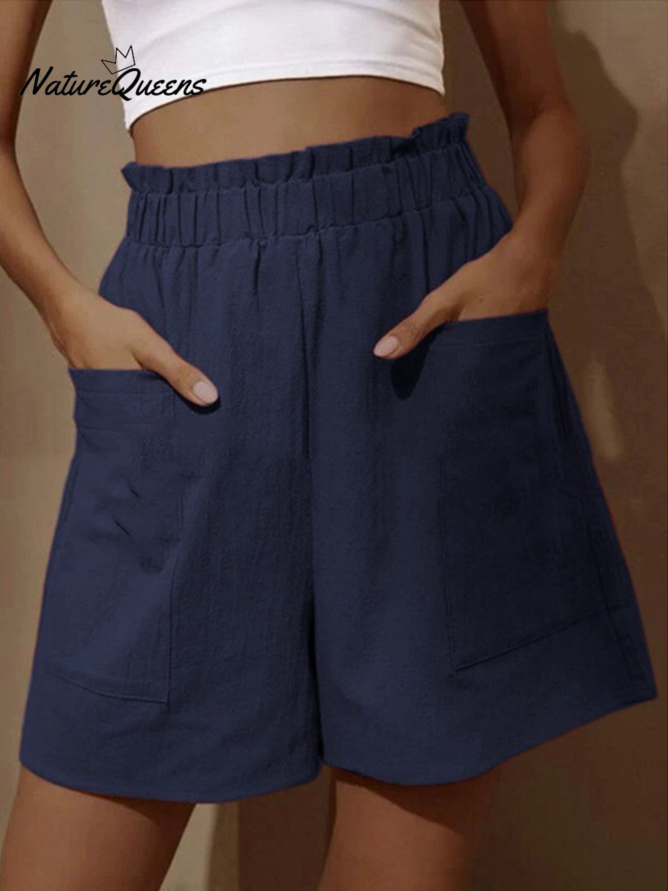 Cotton and Linen Wear High-waisted Shorts with Buds