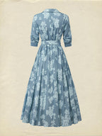 Midi Linen Dress , Half Sleeve, Shawl Collar, Floral, Button Design, Vintage, Blue