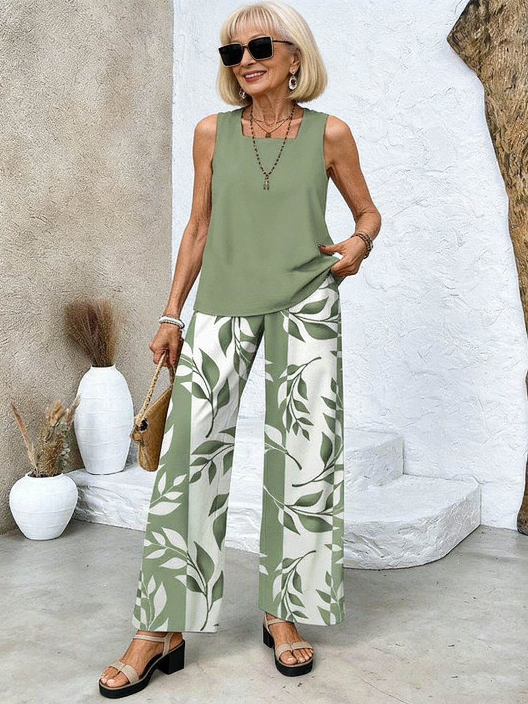 2Pcs Vacation Casual Square Neck Pullover Tank Plus Trousers Digital Printing