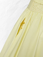 Midi Cotton Dress, Sleeveless, Round Neck, Plain, Lace, French Vintage, Light Yellow