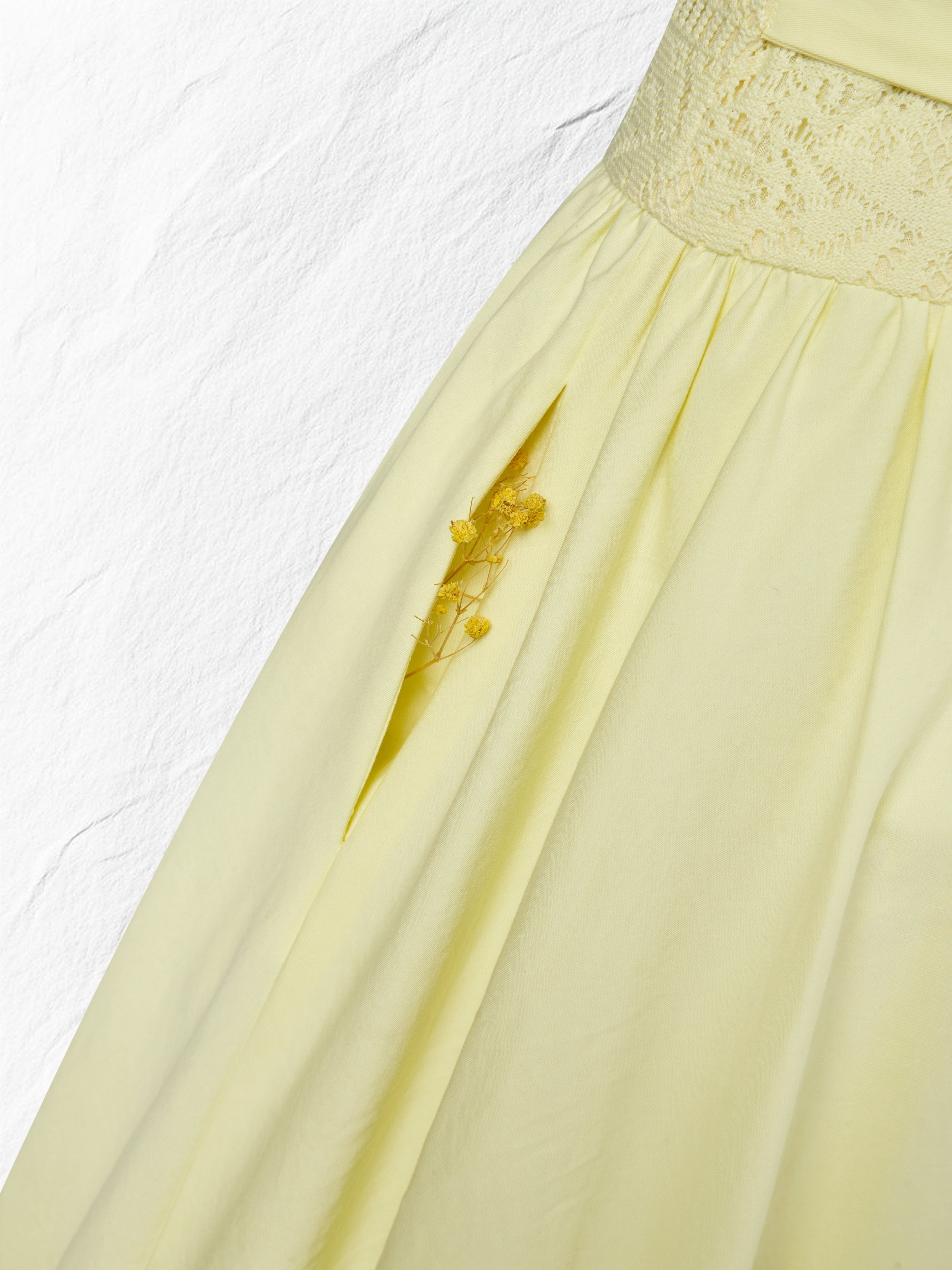 Midi Cotton Dress, Sleeveless, Round Neck, Plain, Lace, French Vintage, Light Yellow