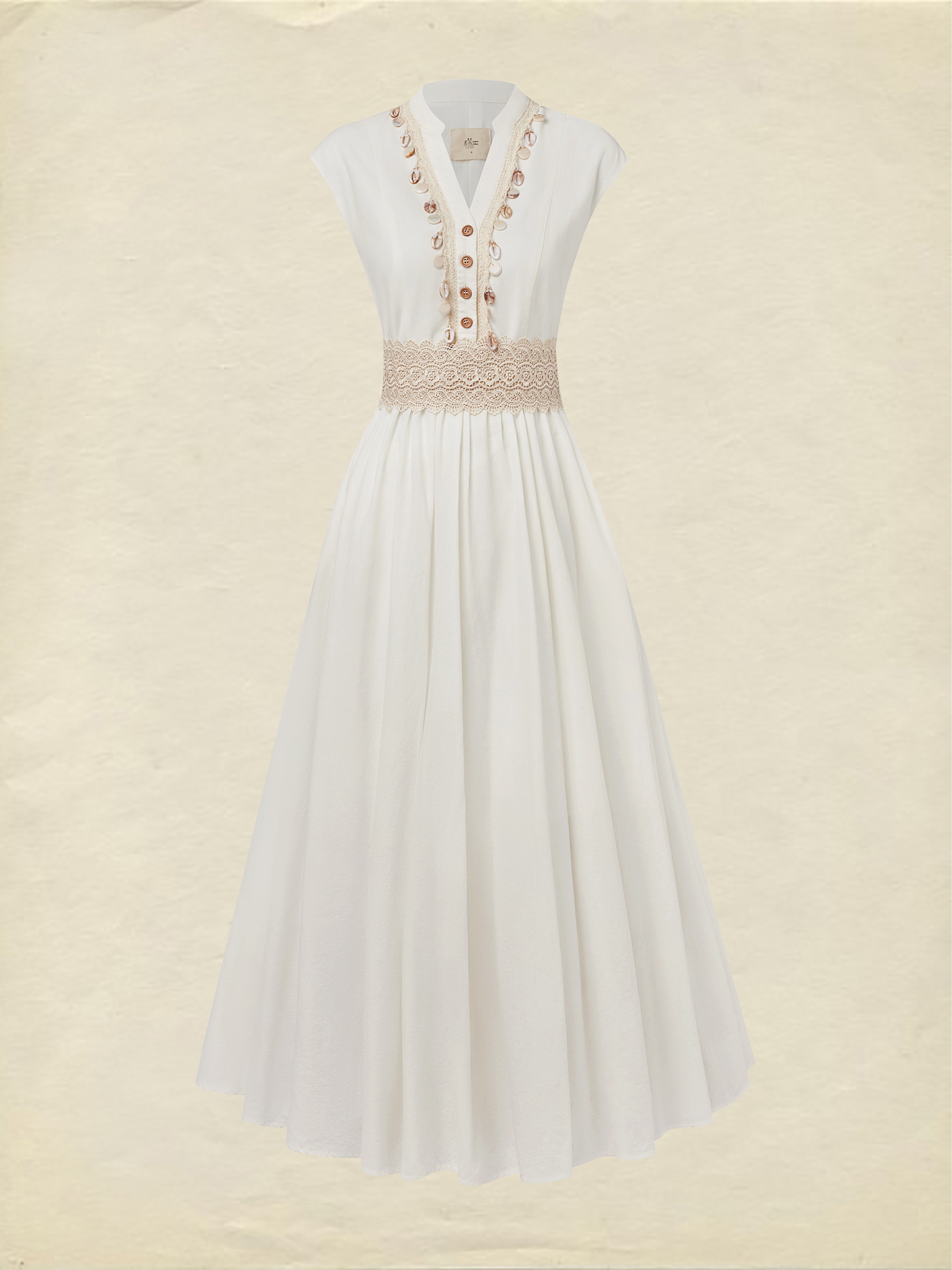 Maxi Linen Dress , Cap Sleeves, V Neck, Plain, Lace, Vintage, White
