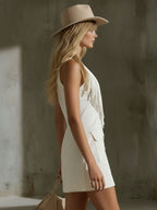 Retro V-neck Tassel Double Pocket Denim Sleeveless Mini Dress