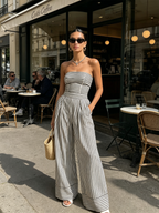 Black & White Striped Strapless Wide-Leg Jumpsuit